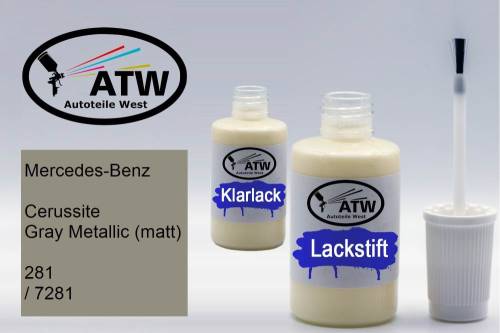 Mercedes-Benz, Cerussite Gray Metallic (matt), 281 / 7281: 20ml Lackstift + 20ml Klarlack - Set, von ATW Autoteile West.